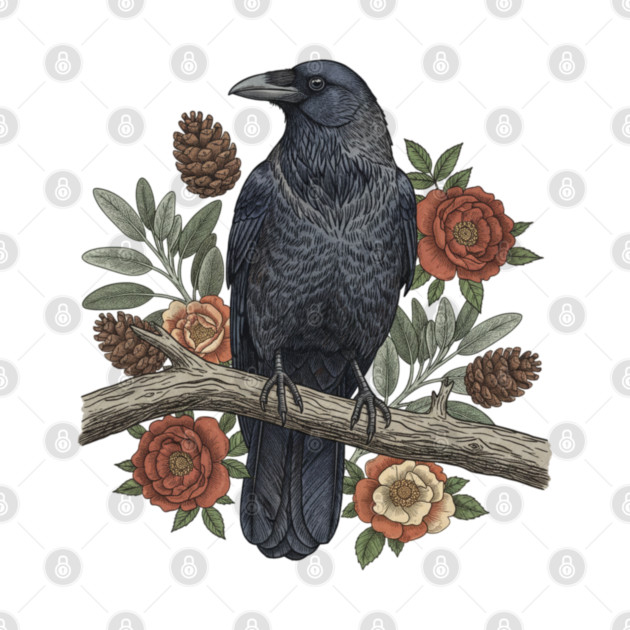 Gothic Raven Crow Botanical Rose Vintage Bird Art by BirdsnStuff
