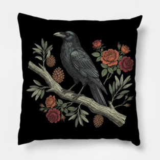 Gothic Raven Crow Vintage Rose Bird Art Pillow
