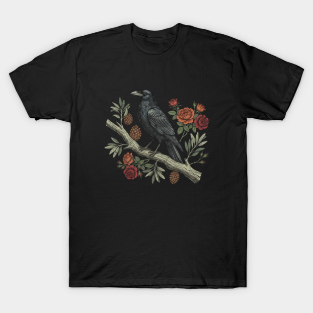 Gothic Raven Crow Vintage Rose Bird Art T-Shirt by BirdsnStuff