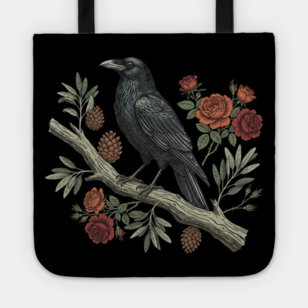 Gothic Raven Crow Vintage Rose Bird Art Tote by BirdsnStuff