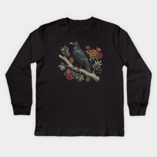Gothic Raven Crow Vintage Rose Bird Art Kids Long Sleeve T-Shirt