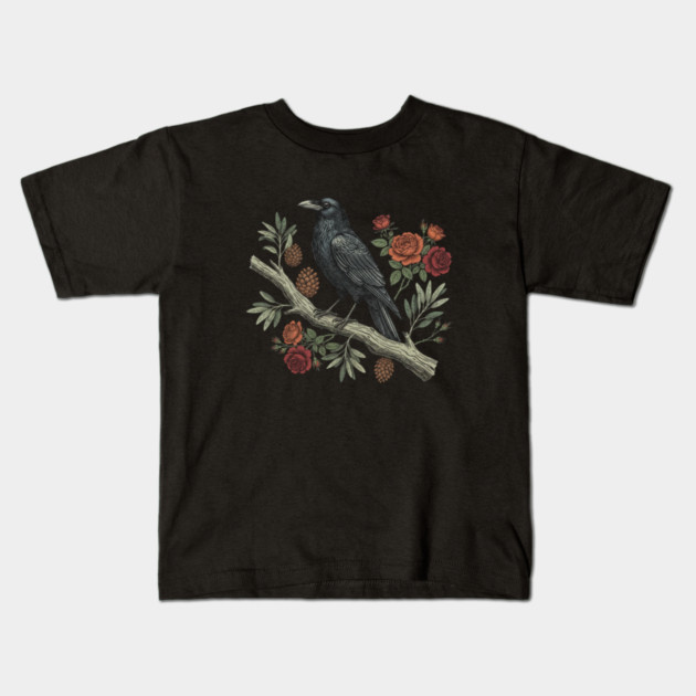 Gothic Raven Crow Vintage Rose Bird Art Kids T-Shirt by BirdsnStuff