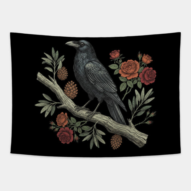 Gothic Raven Crow Vintage Rose Bird Art Tapestry by BirdsnStuff