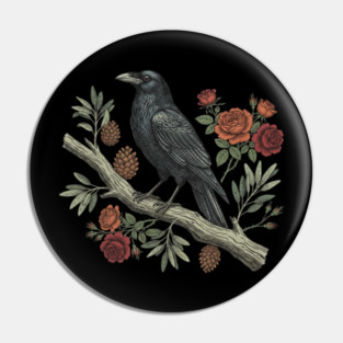 Gothic Raven Crow Vintage Rose Bird Art Pin