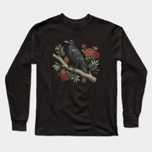 Gothic Raven Crow Vintage Rose Bird Art Long Sleeve T-Shirt