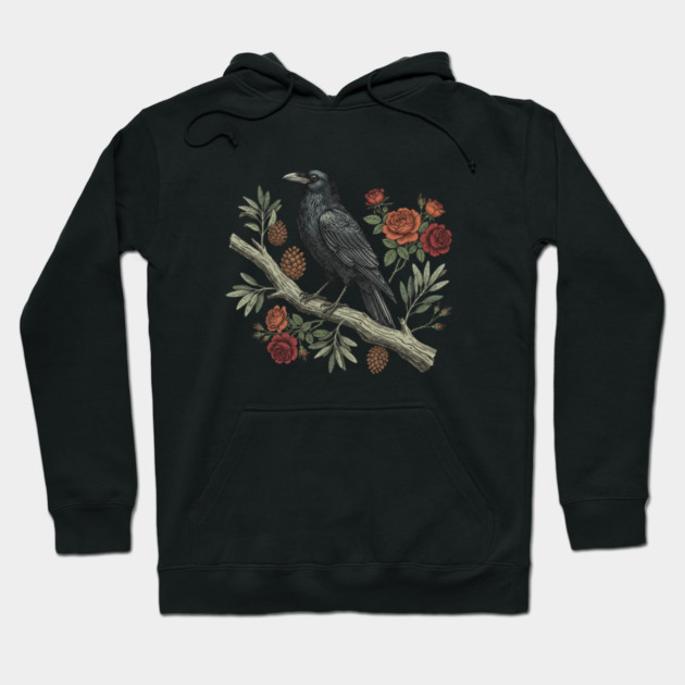 Gothic Raven Crow Vintage Rose Bird Art Hoodie by BirdsnStuff