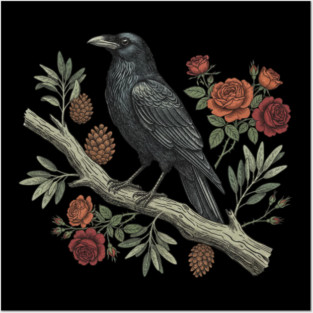 Gothic Raven Crow Vintage Rose Bird Art Posters and Art