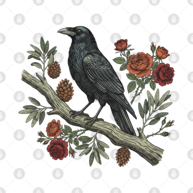 Gothic Raven Crow Vintage Rose Bird Art by BirdsnStuff