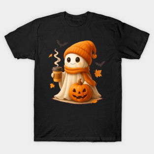 Cute Ghost with Coffee – Cozy Halloween Pumpkin Design T-Shirt