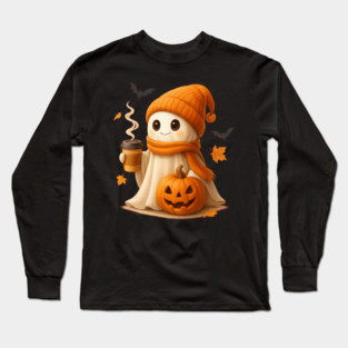 Cute Ghost with Coffee – Cozy Halloween Pumpkin Design Long Sleeve T-Shirt