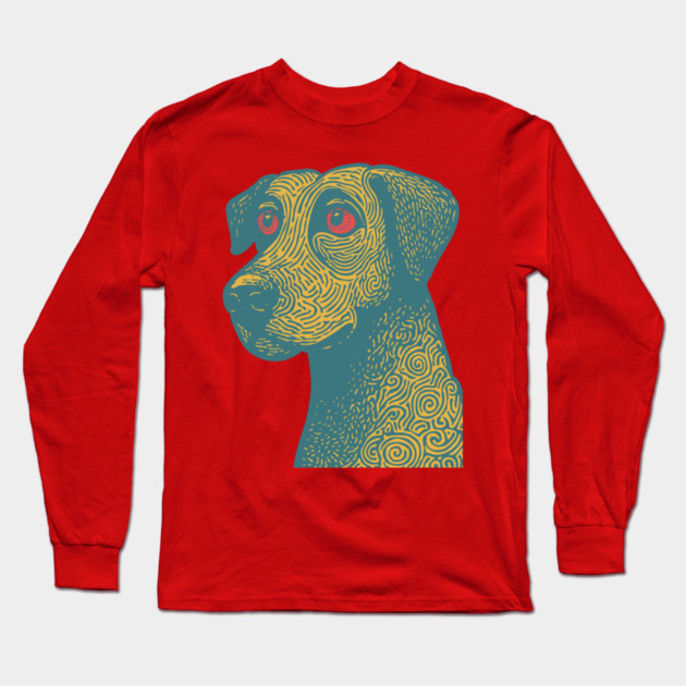 Tribal Psychedelic Dog - Trippy Linocut Long Sleeve T-Shirt by TuncGK