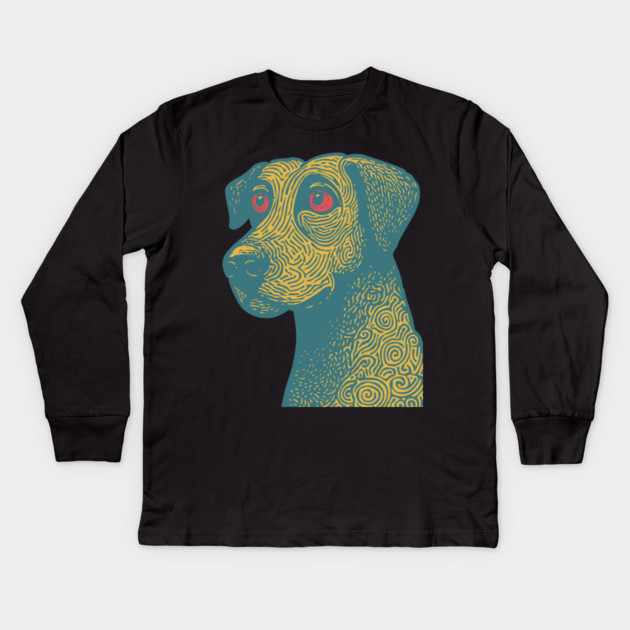 Tribal Psychedelic Dog - Trippy Linocut Kids Long Sleeve T-Shirt by TuncGK