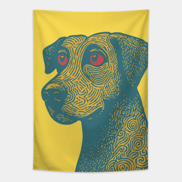 Tribal Psychedelic Dog - Trippy Linocut Tapestry by TuncGK