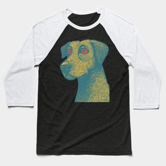Tribal Psychedelic Dog - Trippy Linocut Baseball T-Shirt by TuncGK