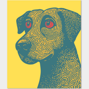 Tribal Psychedelic Dog - Trippy Linocut Posters and Art