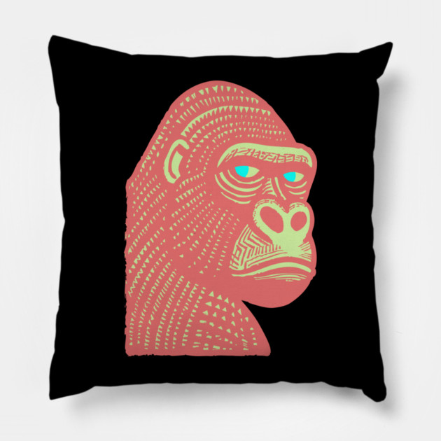 Psychedelic Woodcut Gorilla Pillow by TuncGK
