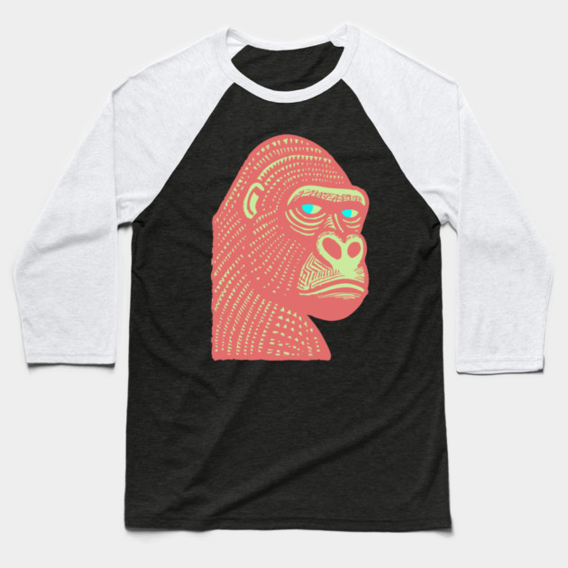 Psychedelic Woodcut Gorilla Baseball T-Shirt by TuncGK