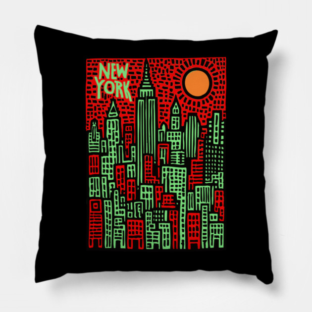 Psychedelic New York Skyline Pillow by TuncGK