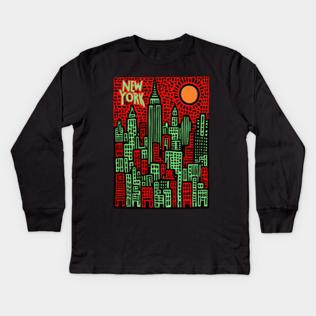Psychedelic New York Skyline Kids Long Sleeve T-Shirt by TuncGK