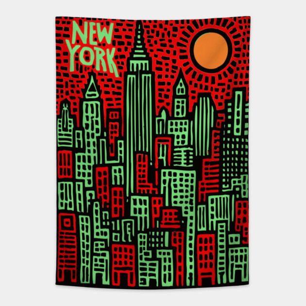Psychedelic New York Skyline Tapestry by TuncGK