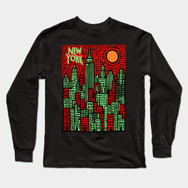 Psychedelic New York Skyline Long Sleeve T-Shirt by TuncGK