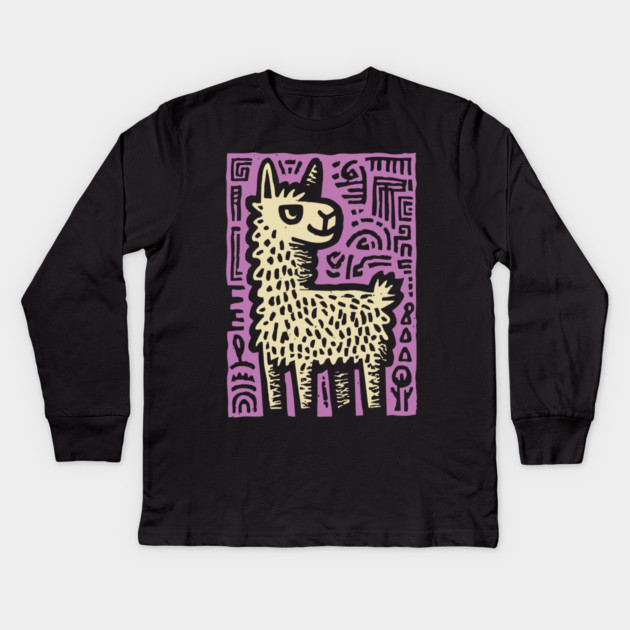 Psychedelic Alpaca Folk Art Kids Long Sleeve T-Shirt by TuncGK