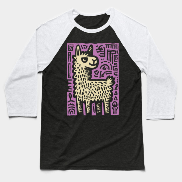 Psychedelic Alpaca Folk Art Baseball T-Shirt by TuncGK