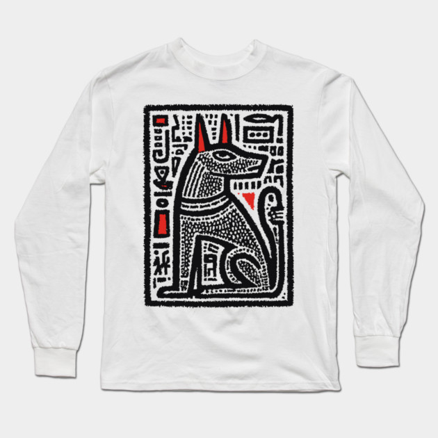 Anubis Psychedelic Woodcut Long Sleeve T-Shirt by TuncGK