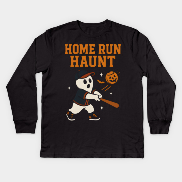 Home Run Haunt Baseball Ghost Halloween Graphic Kids Long Sleeve T-Shirt by MakerMind8.2