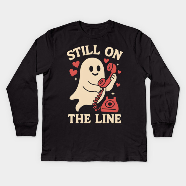 Still On The Line Ghost Retro Phone Halloween Graphic Kids Long Sleeve T-Shirt by MakerMind8.2