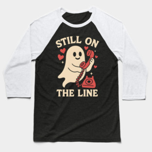 Still On The Line Ghost Retro Phone Halloween Graphic Baseball T-Shirt