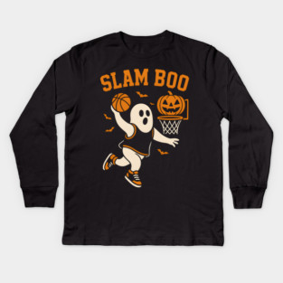 Slam Boo Basketball Ghost Halloween Graphic Kids Long Sleeve T-Shirt