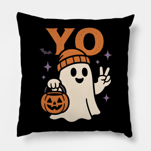 Yo Ghost Halloween Pumpkin Artwork Pillow by MakerMind8.2