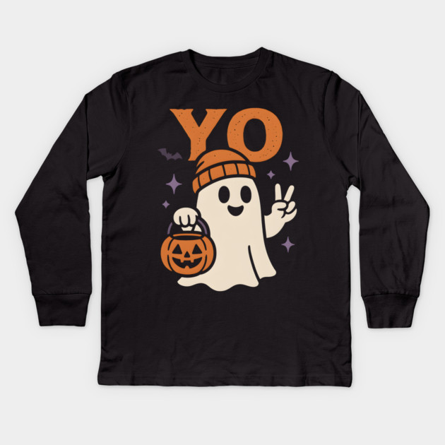 Yo Ghost Halloween Pumpkin Artwork Kids Long Sleeve T-Shirt by MakerMind8.2