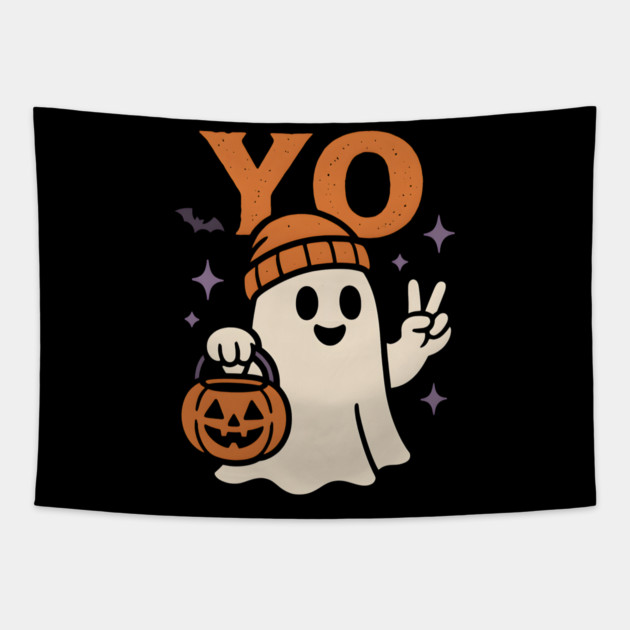 Yo Ghost Halloween Pumpkin Artwork Tapestry by MakerMind8.2