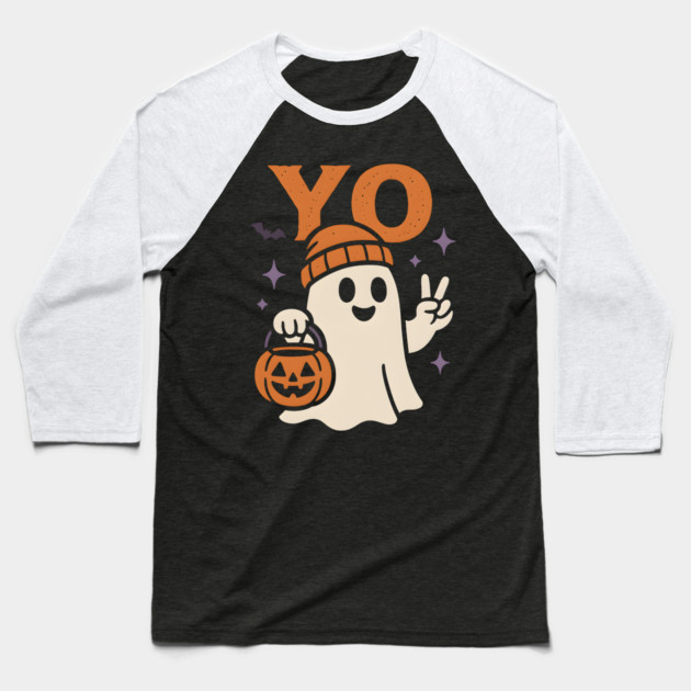 Yo Ghost Halloween Pumpkin Artwork Baseball T-Shirt by MakerMind8.2