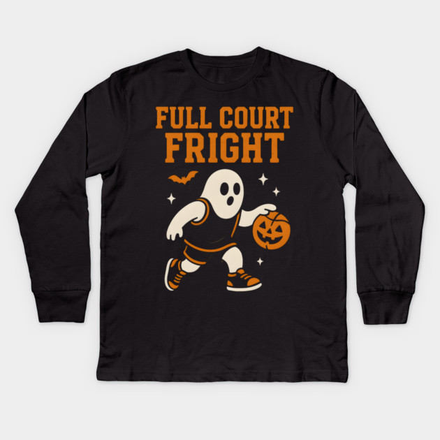 Full Court Fright Basketball Ghost Halloween Graphic Kids Long Sleeve T-Shirt by MakerMind8.2
