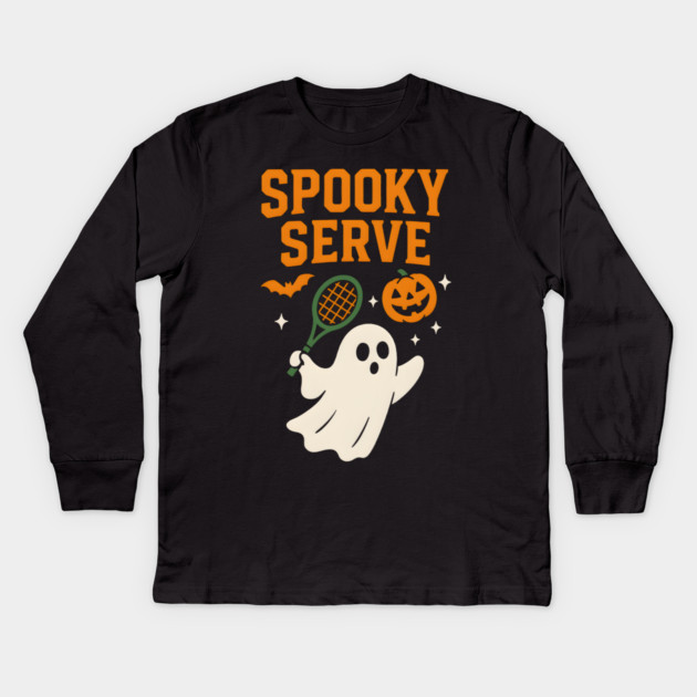 Spooky Serve Tennis Ghost Halloween Artwork Kids Long Sleeve T-Shirt by MakerMind8.2