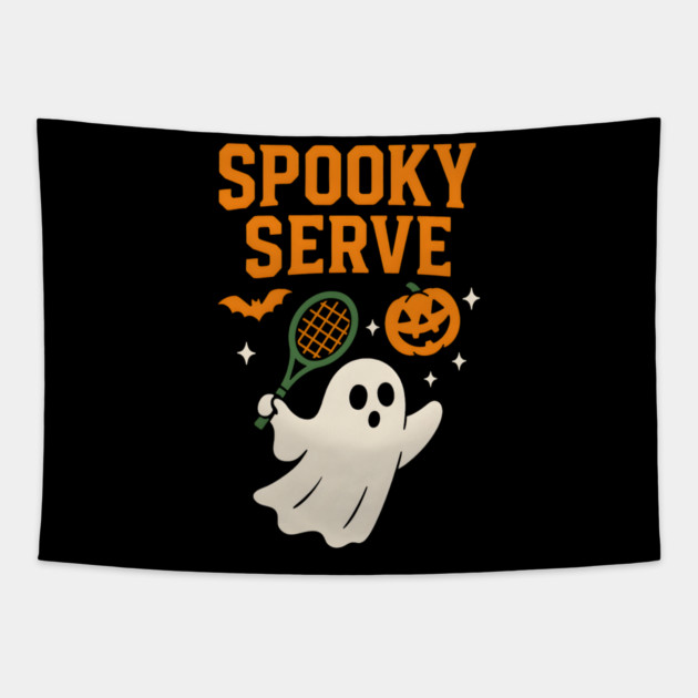 Spooky Serve Tennis Ghost Halloween Artwork Tapestry by MakerMind8.2