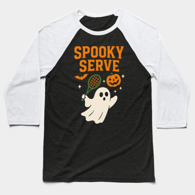 Spooky Serve Tennis Ghost Halloween Artwork Baseball T-Shirt by MakerMind8.2