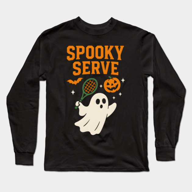 Spooky Serve Tennis Ghost Halloween Artwork Long Sleeve T-Shirt by MakerMind8.2