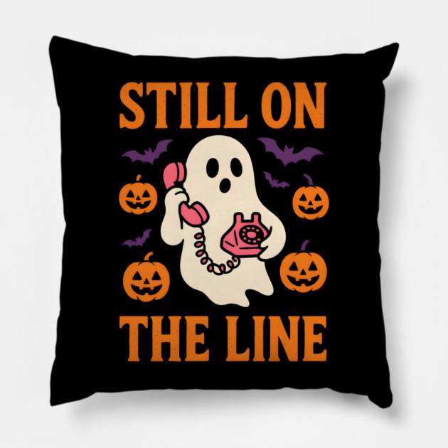 Still On The Line Ghost Halloween Phone Artwork Pillow by MakerMind8.2