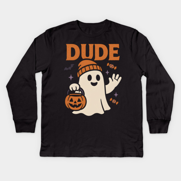 Dude Ghost Halloween Trick or Treat Funny Graphic Kids Long Sleeve T-Shirt by MakerMind8.2