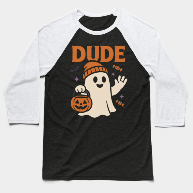 Dude Ghost Halloween Trick or Treat Funny Graphic Baseball T-Shirt by MakerMind8.2
