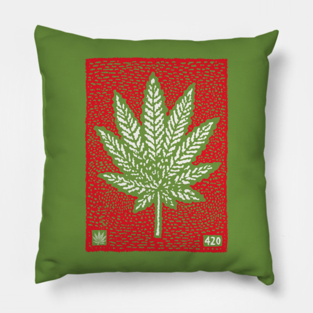 Cannabis Leaf Linocut T-Shirt | Red 420 Weed Art Pillow by TuncGK