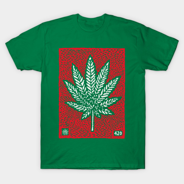 Cannabis Leaf Linocut T-Shirt | Red 420 Weed Art T-Shirt by TuncGK