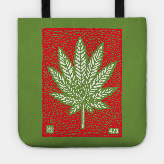 Cannabis Leaf Linocut T-Shirt | Red 420 Weed Art Tote by TuncGK