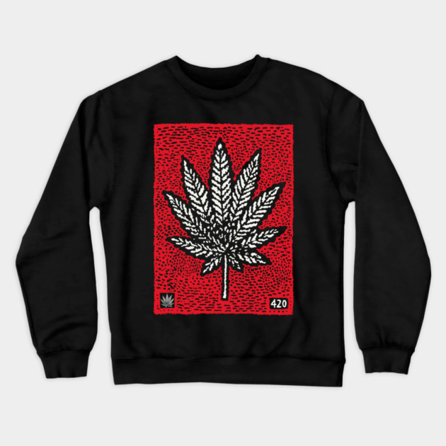Cannabis Leaf Linocut T-Shirt | Red 420 Weed Art Crewneck Sweatshirt by TuncGK