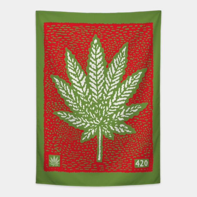 Cannabis Leaf Linocut T-Shirt | Red 420 Weed Art Tapestry by TuncGK