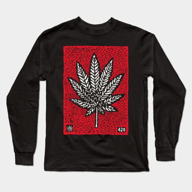 Cannabis Leaf Linocut T-Shirt | Red 420 Weed Art Long Sleeve T-Shirt by TuncGK